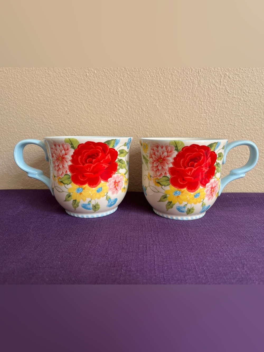 Pioneer Woman Sweet Rose Mug 14.5 oz Blue Handle Floral Stoneware Set of 2